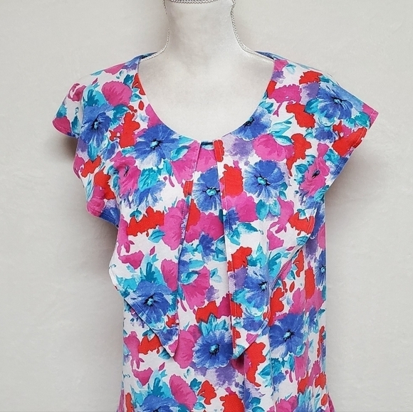 RARE Vintage Annex Multi-color Floral Pointed Collar Cut-out Ruffle Mini Dress M - Picture 5 of 16